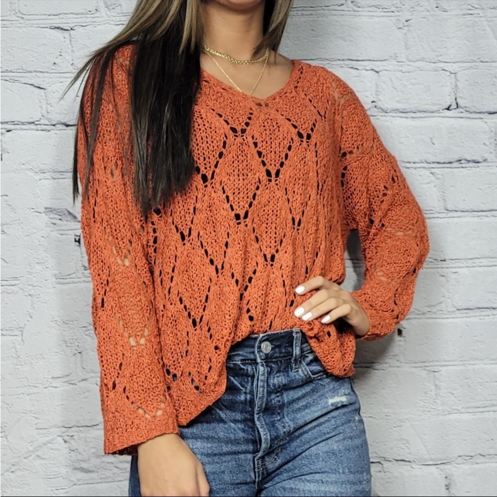 Boutique crochet knit sweater BRAND NEW size varies burnt orange color